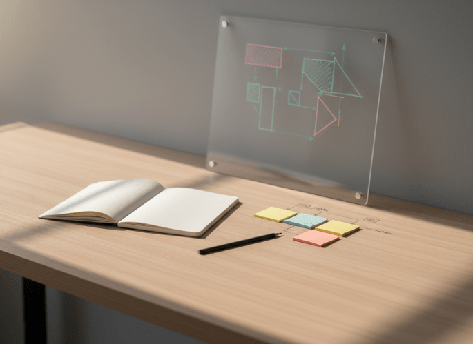A minimalist workspace featuring a large, light-wood table with a precisely organized set of tools: a blank white notebook open to a clean spread, three color-coded sticky note clusters forming a subtle systemic map, and a sleek graphite pencil placed diagonally. Behind them, a translucent acrylic board leans against a matte dove-gray wall, displaying a softly blurred geometric diagram in pastel markers. Gentle morning light filters through, creating elongated, serene shadows and a quiet glow on the tabletop. Shot from a slightly elevated angle with moderate depth of field, the composition emphasizes structure and spaciousness. The atmosphere is professional, reflective, and poised for insight, embodying systemic coaching as methodical yet open, in a contemporary, photographic realism style.
