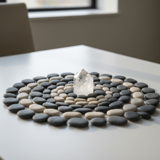 A meticulously arranged circle of smooth river stones in varying shades of gray and soft beige, forming a harmonious mandala shape on a matte white tabletop. At the center, a single translucent crystal with subtle inclusions catches the light, symbolizing emerging potential. Soft natural daylight from an unseen window washes across the scene, creating gentle gradients and faint shadows that suggest order and calm. The background falls into a soft photographic blur, hinting at a minimal, modern office environment with neutral tones. Captured at eye level with a shallow depth of field, the composition feels balanced and centered, evoking systemic coherence, clarity, and quiet transformation in a clean, professional, photographic realism style.
